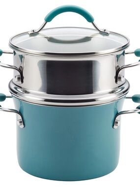 Rachael Ray Teal Turquoise Stock Pot with Steamer Insert and Glass Lid